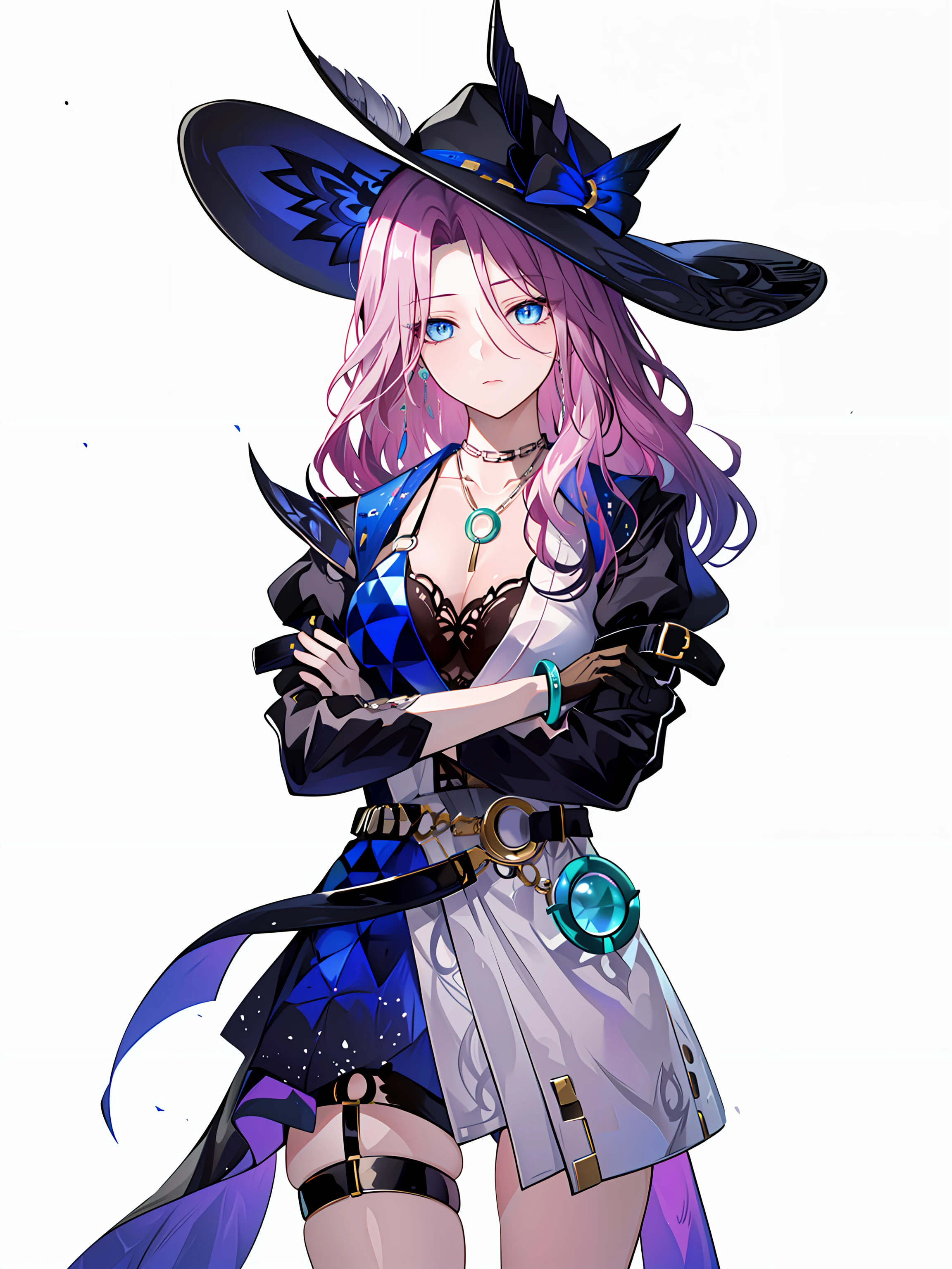 ((masterpiece,best quality)), 1girl, jade, black brim hat, necklace, bangle, single glove, thigh strap, closed mouth, cowboy shot, simple background, crossed arms,