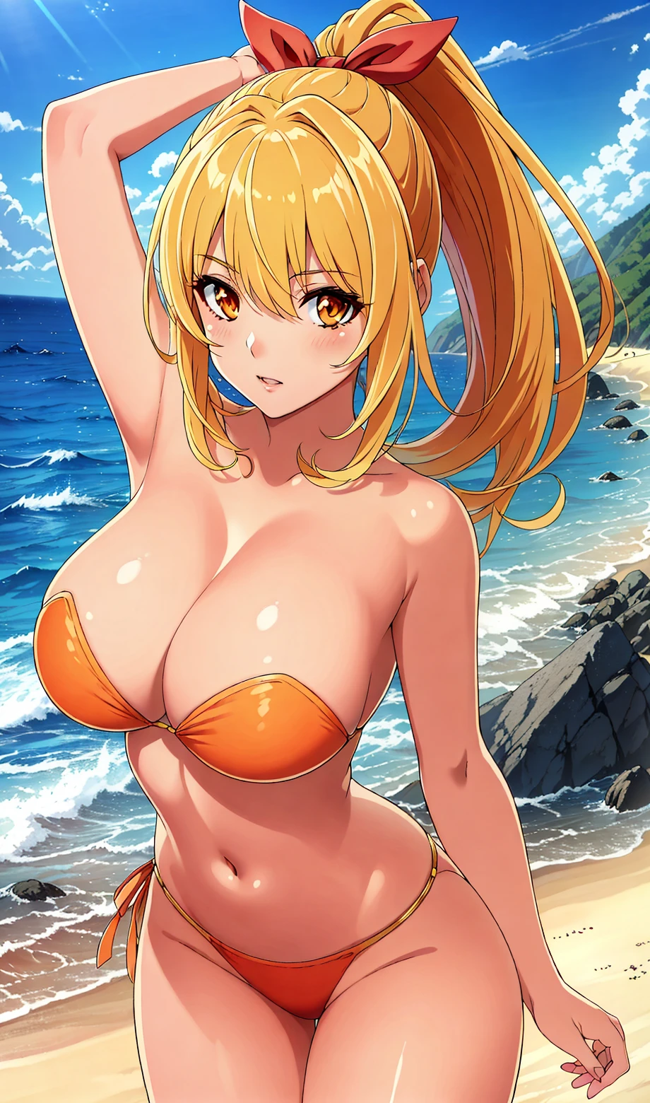 extremely detailed CG, unity 8k wallpaper, high resolution, master piece, high quality, ultra-detailed,
ultra detailed landscape, beach, sky, sea,
cowboy shot, 1milf, 30 years old, solo, thigh focus, anime screencap, flat color, game cg,
beautiful detailed eyes, beautiful detailed face, ultra-detailed eyes, perfect hands, arms on back,
perfect anatomy, ideal ratio body proportions, hourglass body shape, gleaming skin, large breasts, thick thighs,
marinchan, in heat, orange eyes, blonde hair, gradient hair, middle hair, ponytail, makeup, pink nail, red ribbon, strapless orange bikini,
<lora:add_detail:-0.3> <lora:marinchan:0.5> <lora:hourglassv01:0.3> <lora:last:0.3> <lora:boldline:-0.8>