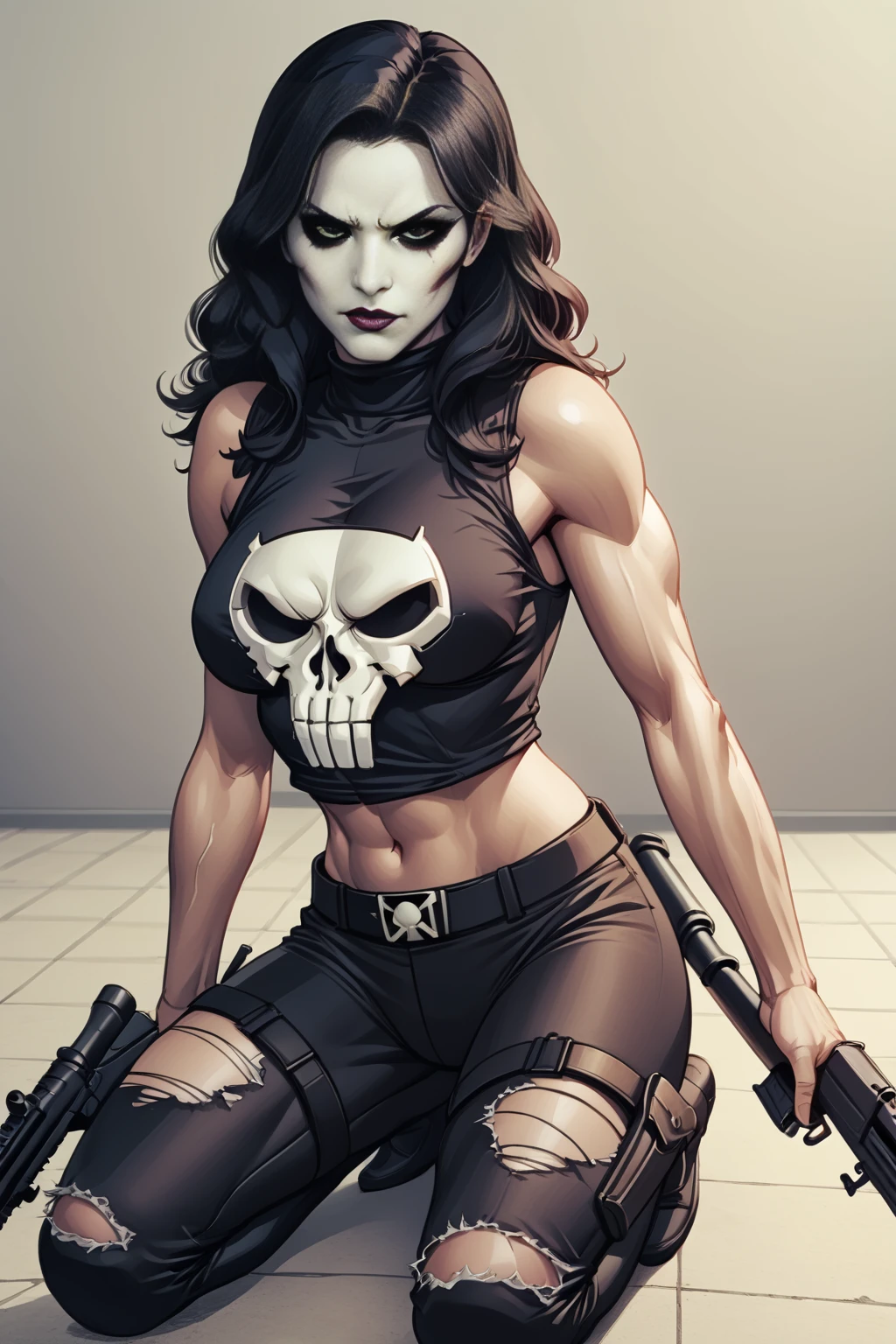 score_9,<lora:add-detail-xl:1>,<lora:ArtgermPony:1>,<lora:Punisher_PDXL_spamb0t:0.6>,Marvel_Punisher as a female,(1girl:1.3)
BREAK long black hair,black tanktop,black military pants
BREAK carrying a long sniper rifle
BREAK black shirt with white skull on shirt
BREAK ripped shirt,torn pants,very sweaty,sweaty clothes,breasts,cleavage
BREAK sexy pose,sitting on floor, legs to one side