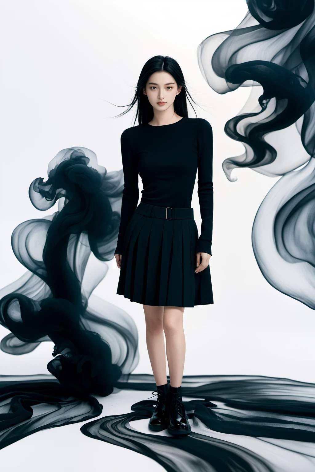 realistic,reality,moying,1girl,solo,looking at viewer,skirt,black hair,hair ornament,long sleeves,white background,dress,standing,full body,black skirt,black shirt,black footwear,black dress,long skirt,((black fabric smoke)), <lora:JAY - MOYING -  MAÌ£ÌC ANH XL:0.8>, (best quality:1.3)