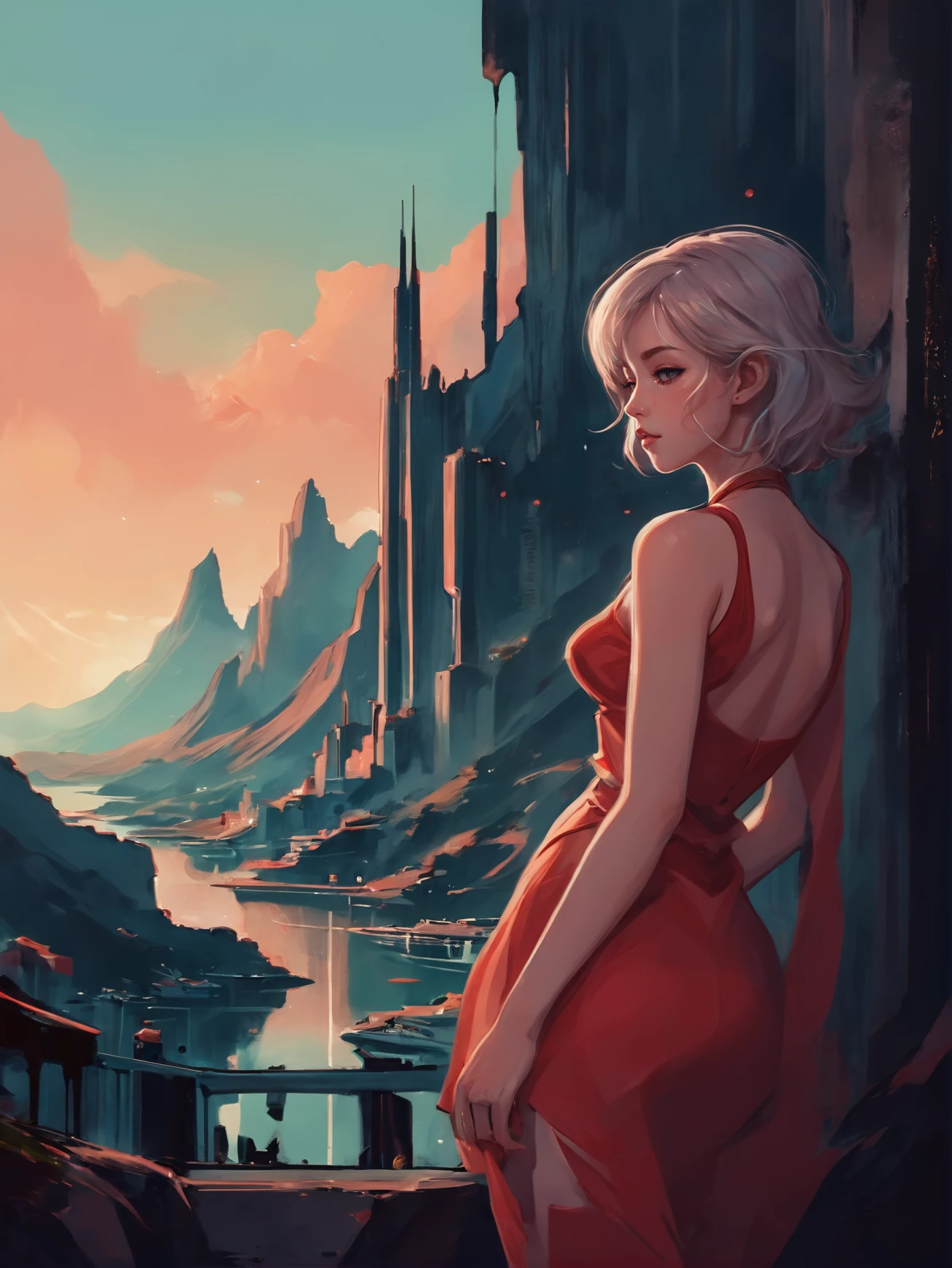 digital painting, anime, serene modern fantasy, mid-century modern a pristine,epic scifi mountainside metropolis beyond the beginning of time, masterpiece<lora:EnvyDesireXL01:1.2>