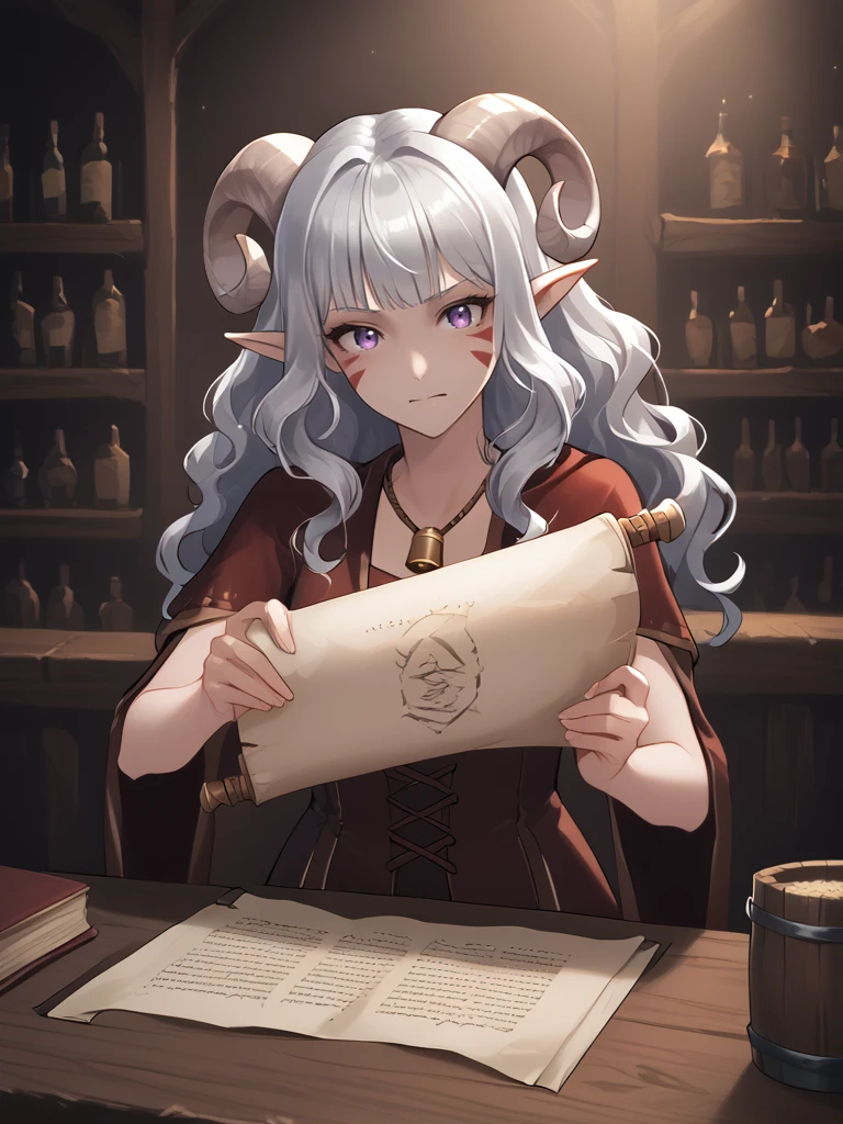 source_furry, score_7_up, rating_safe, source_anime, anime face, <lora:whisker_markings:0.8>red whisker_markings, silver long wavy hair,  bell necklace, short pointy ears, purple eyes, <lora:age_slider_v4:0.6>
 <lora:Test_Diana:0.8> tiefling_bard_diana:1.2, solo , outstretched arms, looking at scroll,
scroll, holding scroll, tavern, table, 
<lora:Opened_Scroll:0.8>
<lora:Smooth Style 2 SDXL_LoRA_Pony Diffusion V6 XL:0.4>  <lora:INKxXmo shaded face:0.3> Shaded FaceINKxXmo Dark Theme,