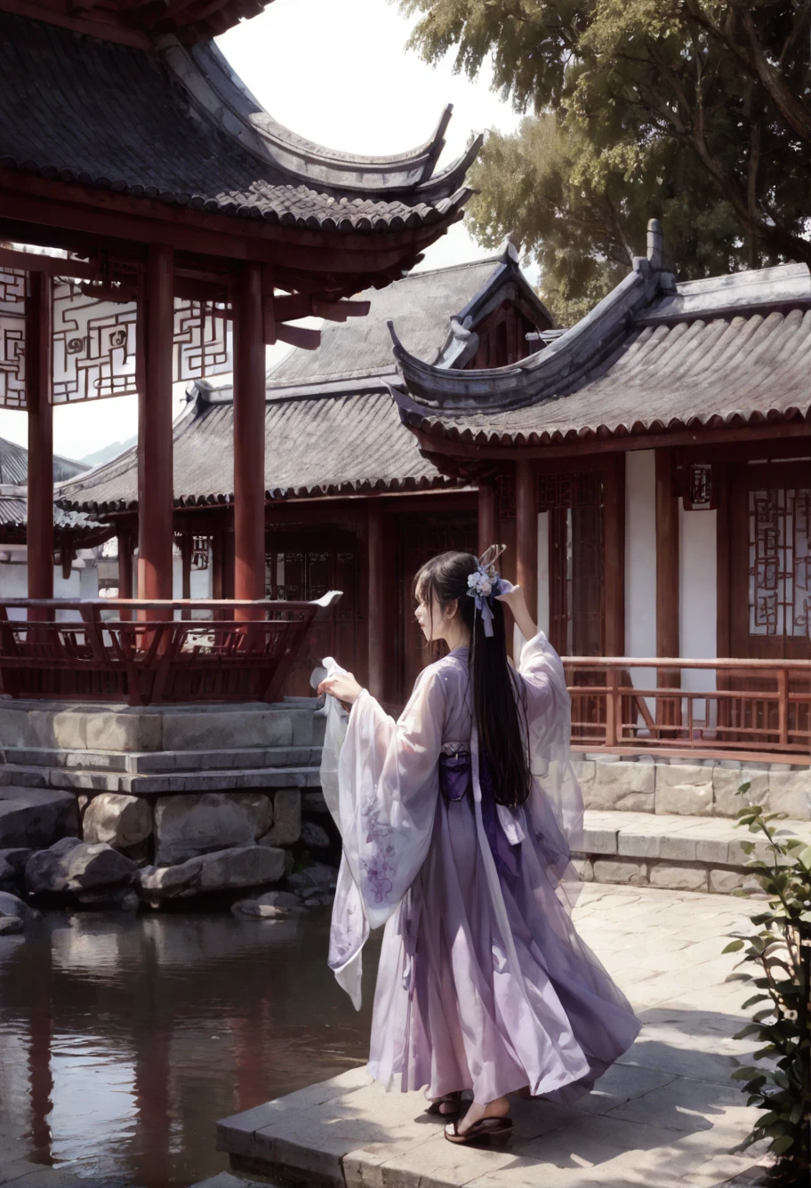 ,ruanyi0800,scenery,outdoors,east asian architecture,,ruanyi0752,hanfu,purple dress,see-through,wide sleeves,<lora:0800 Chinese courtyard_v1_pony:1>,<lora:0752 Wisteria butterfly hanfu_v1_pony:0.8>, score_9,score_8_up,score_7_up,,8k,1girl,solo,,