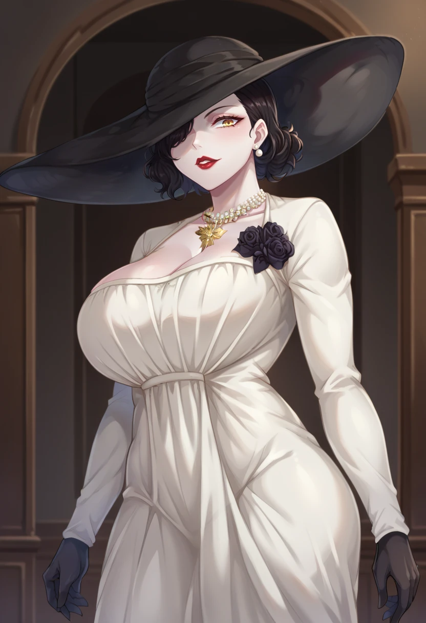 score_9,score_8_up,score_7_up BREAK <lora:Alcina:0.9>,AlcinadimitrescuSDXL,1girl,short hair,large breasts,black hair,gloves,hat,dress,jewelry,yellow eyes,flower,earrings,black gloves,necklace,white dress,makeup,lipstick,pale skin,sun hat,long dress,red lips,pearl necklace,black flower,black rose,tall female,hat over one eye,cowboy shot,room,room background,