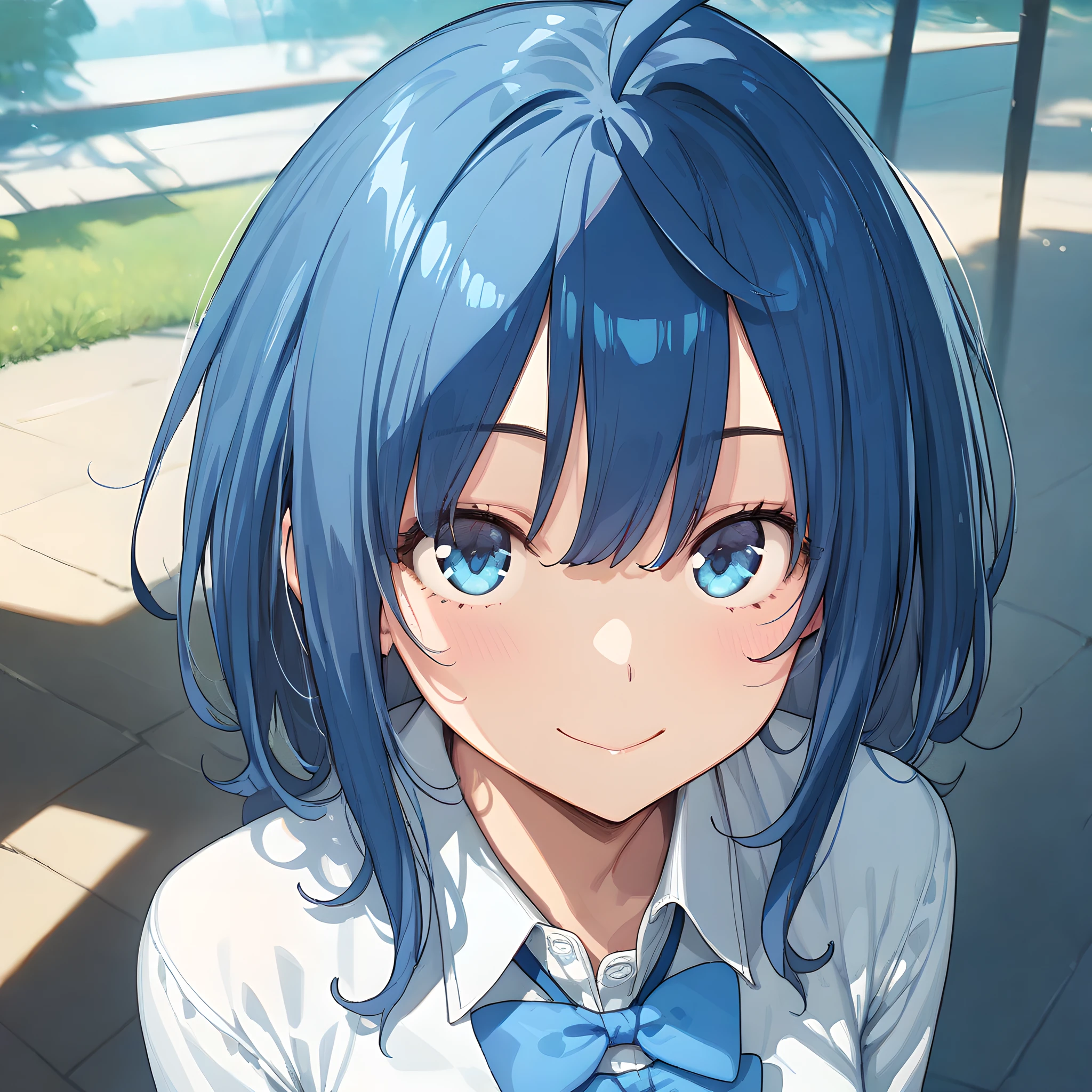 (masterpiece),(best quality),(ultra-detailed),(best illustration),(best shadow),(absurdres),(detailed background),(very aesthetic), anna_yanami, 1girl, solo, blue eyes, smile, bow, upper body, blue hair, shirt, looking at viewer, ahoge, simple background, blue bow, bangs, white shirt, collared shirt <lora:XL-AnnaYanami:1>