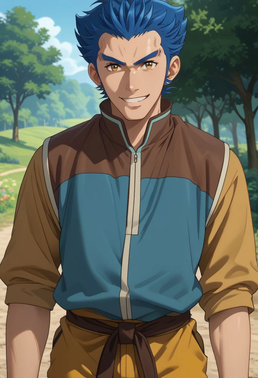 score_9, score_8_up, score_7_up, source_anime, rating_safe, Gunook, 1boy, male focus, anime screencap, blue-brown vest, brown cloth-belt, yellow pants, smile, looking at viewer,