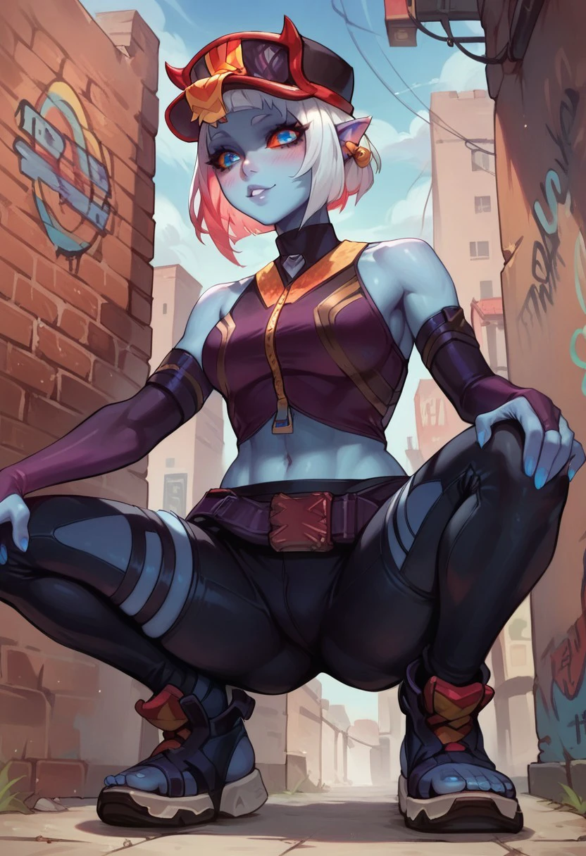 score_9, score_8_up, score_7_up, score_6_up, ultra quality, detailed, solo, focus, source_cartoon, smooth outlines, 1girl, curvy figure, SDBriar, Jiangshi, white hair, short hair, blue skin, red sclera, blue pupils, cap, crop top, bare shoulders, elbow gloves, zipper, squatting, from below, cutout leggings, belt, toeless sneakers, posing, looking at viewer, brick wall, graffiti, vivid colors, 4k, hi res