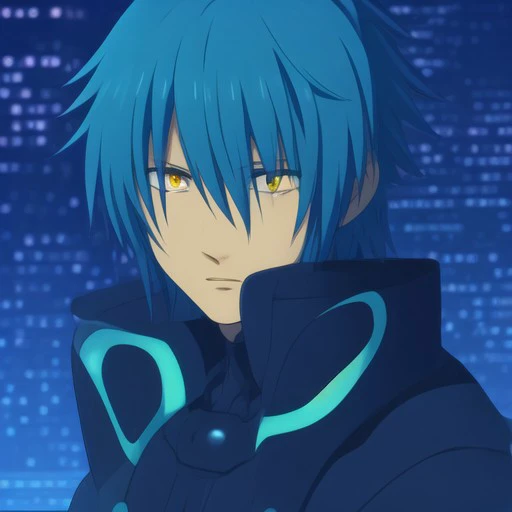 DMMd_Style, 1boy, blue hair, red futuristic city background, perfecteyes eyes, yellow eyes