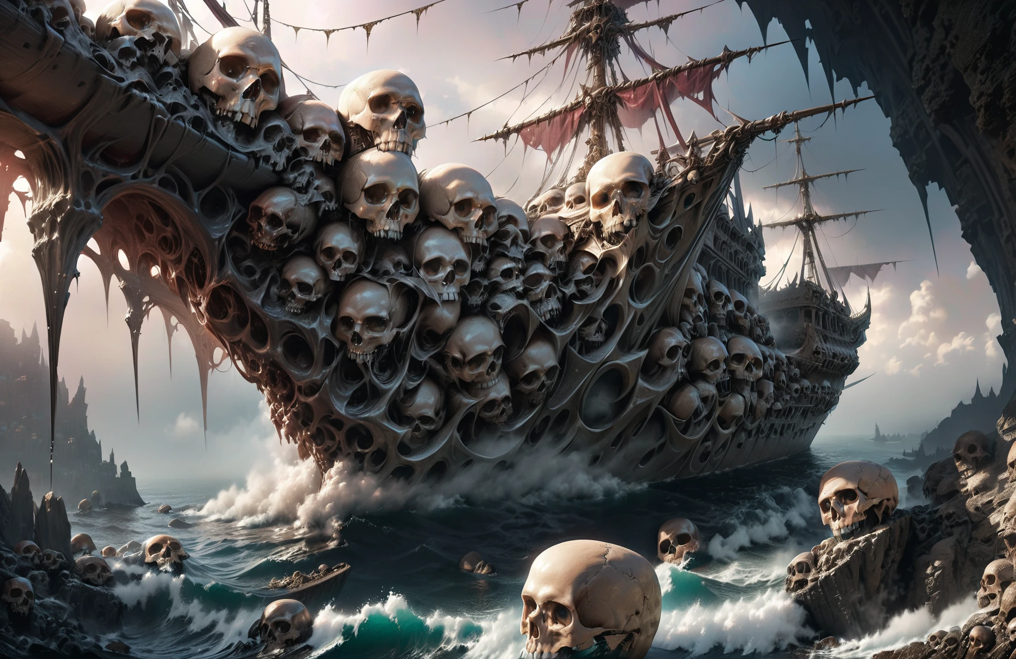 <lora:Skulls for the Skull Throne:0.9>,Skulls for the Skull Throne,A ship all made from skulls,RAW photo,best quality,(realistic, photo-realistic:1.3),masterpiece,extremely detailed,the sea is filled with fog,an eldritch atmosphere,reefs,<lora:add-detail-xl:1>,<lora:detailed_notrigger:1>,<lora:great_lighting:0.8>,no humans,