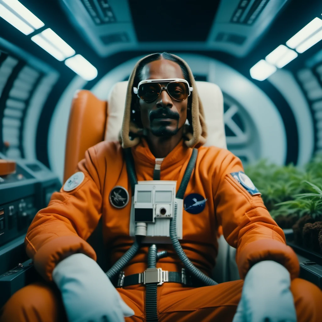 cinematic photo Snoop Dogg  wears gloves, orange and white spacesuit, a lot of smoke, marijuana plants, in cockpit, in space  <lora:StarWars1024:0.8> . 35mm photograph, film, bokeh, professional, 4k, highly detailed