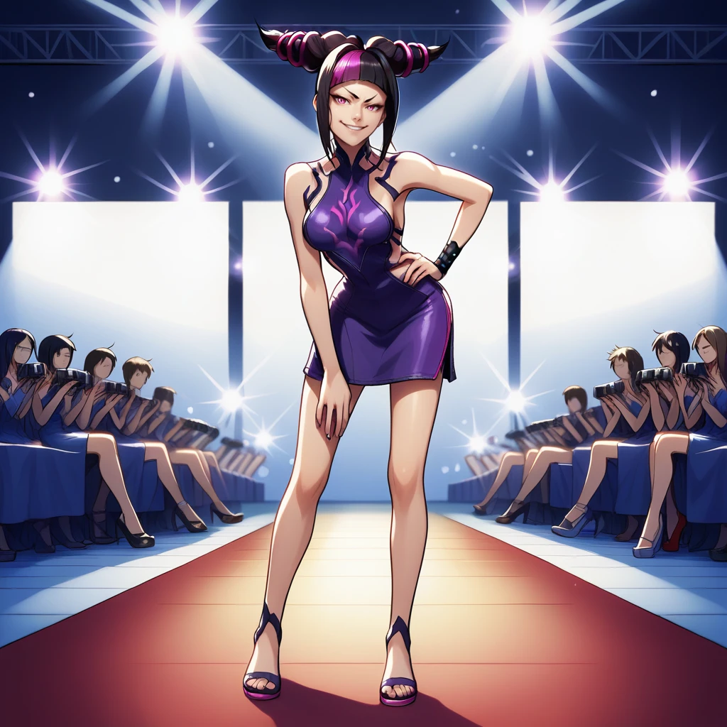 score_9, score_8_up, score_7_up, score_6_up, score_5_up, score_4_up, zPDXL2,source_anime,rating_questionable, 1girl, solo, leaning forward, smirk, juri han, purple dress, looking at viewer, red carpet, luxury, <lora:Catwalk_Runway:0.8> c4twalk, runway, stage, catwalk, stage lights,audience,