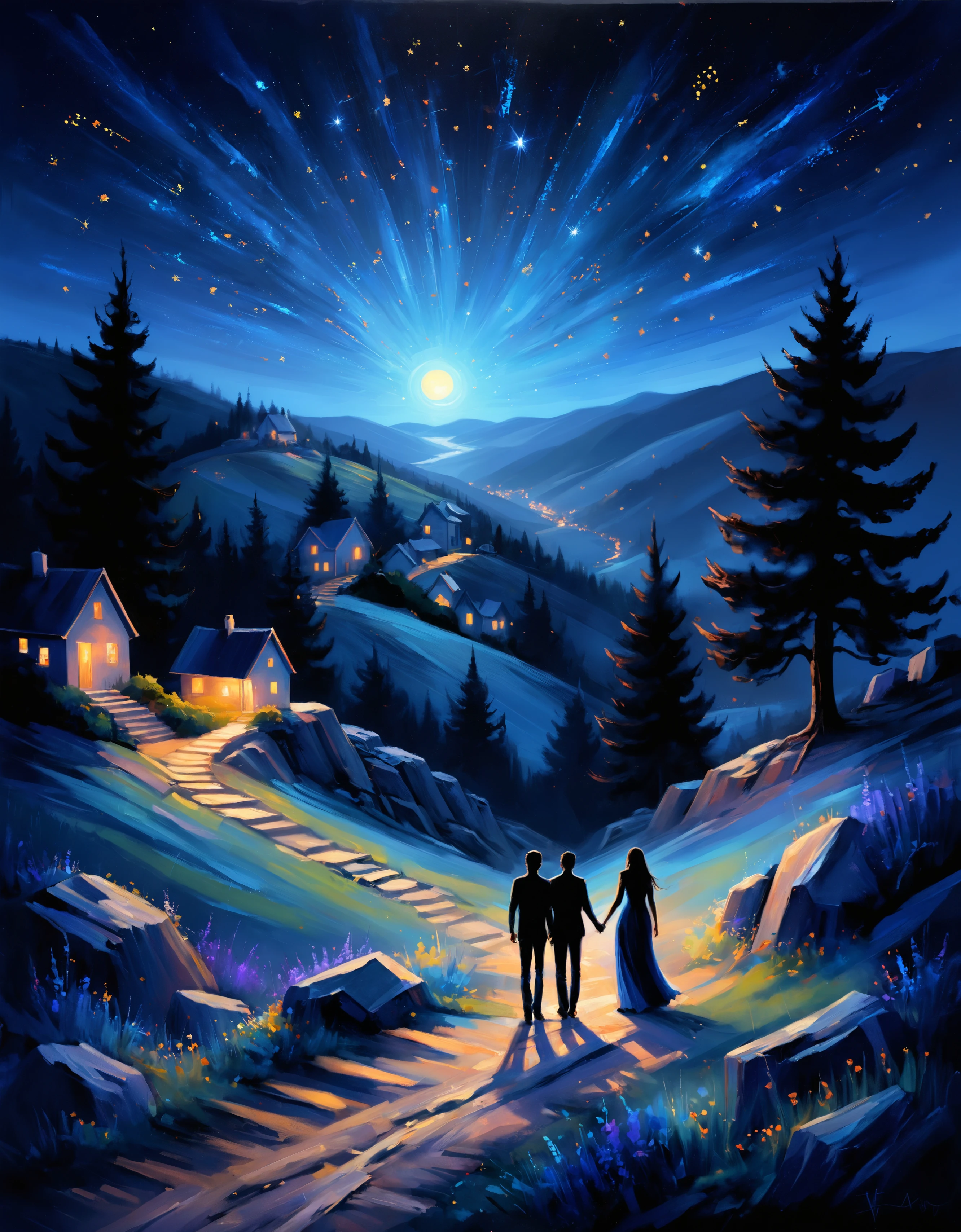 zavy-rghpnt, "Whispers of the night, stars as messengers, guiding us through the darkness with their shimmering light.", Comforting hillside in background, at Blue hour, creative, perfect background, radiant, gorgeous, full color