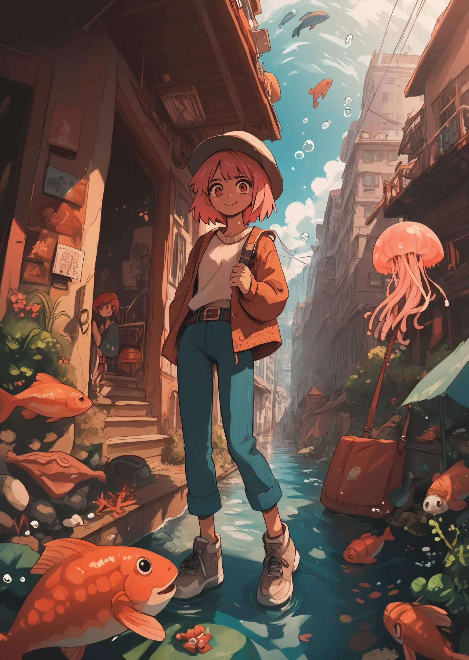 Score_9, score_8_up, score_7_up, score_6
3ldritchW0rld, watercolor_effect long hair, smile, blue theme, short hair, bangs, brown hair, shirt, black hair, long sleeves, 1girl, 1boy, hat, jacket, pink hair, outdoors, shoes, glasses, belt, pants, bag, sweater, book, black pants, white footwear, building, fish, bubble, (underwater), blue pants, air bubble, seahorse, light rays, jellyfish, sidewalk, building, power lines, utility pole
<lora:3ldritchW0rld Pony Style:1.7>
