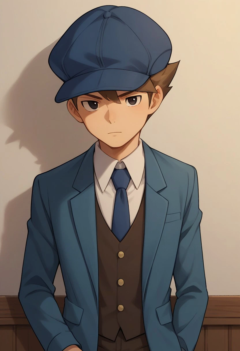 score_9, score_8_up, score_7_up, source_anime, highly detailed,
clive, 1boy, male focus, solo, hat, brown hair, necktie, black eyes, blue headwear,
blue necktie, upper body, jacket, adjusting clothes, looking at viewer, formal,
vest, adjusting headwear,