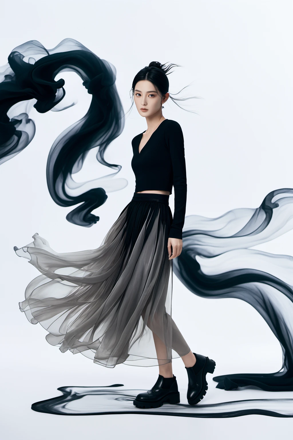 realistic,reality,moying,1girl,solo,looking at viewer,skirt,black hair,hair ornament,long sleeves,white background,dress,standing,full body,black skirt,black shirt,black footwear,black dress,long skirt,((black fabric smoke)), <lora:JAY - MOYING -  MAÌ£ÌC ANH XL:0.8>, (best quality:1.3)