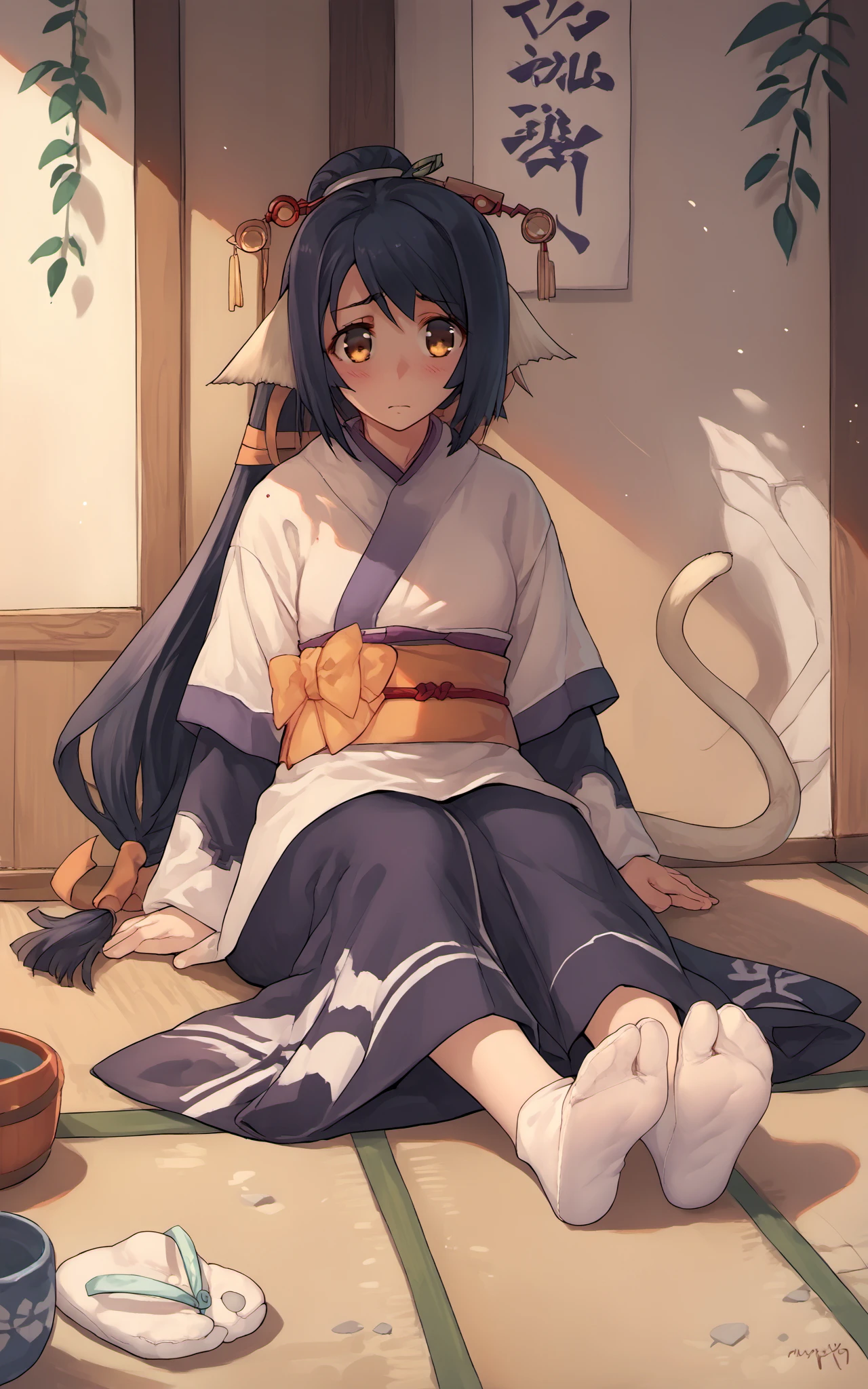 score_9,score_8_up,score_7_up,score_6_up,score_5_up,score_4_up,source_anime,1girl,<lora:kuon_pony:0.8>,kuon \(utawarerumono\),japanese clothes,kimono,long hair,tail,sash,low-tied long hair,<lora:tabi_pony-000015:0.6>,white socks,tabi,sitting,shy,soles,