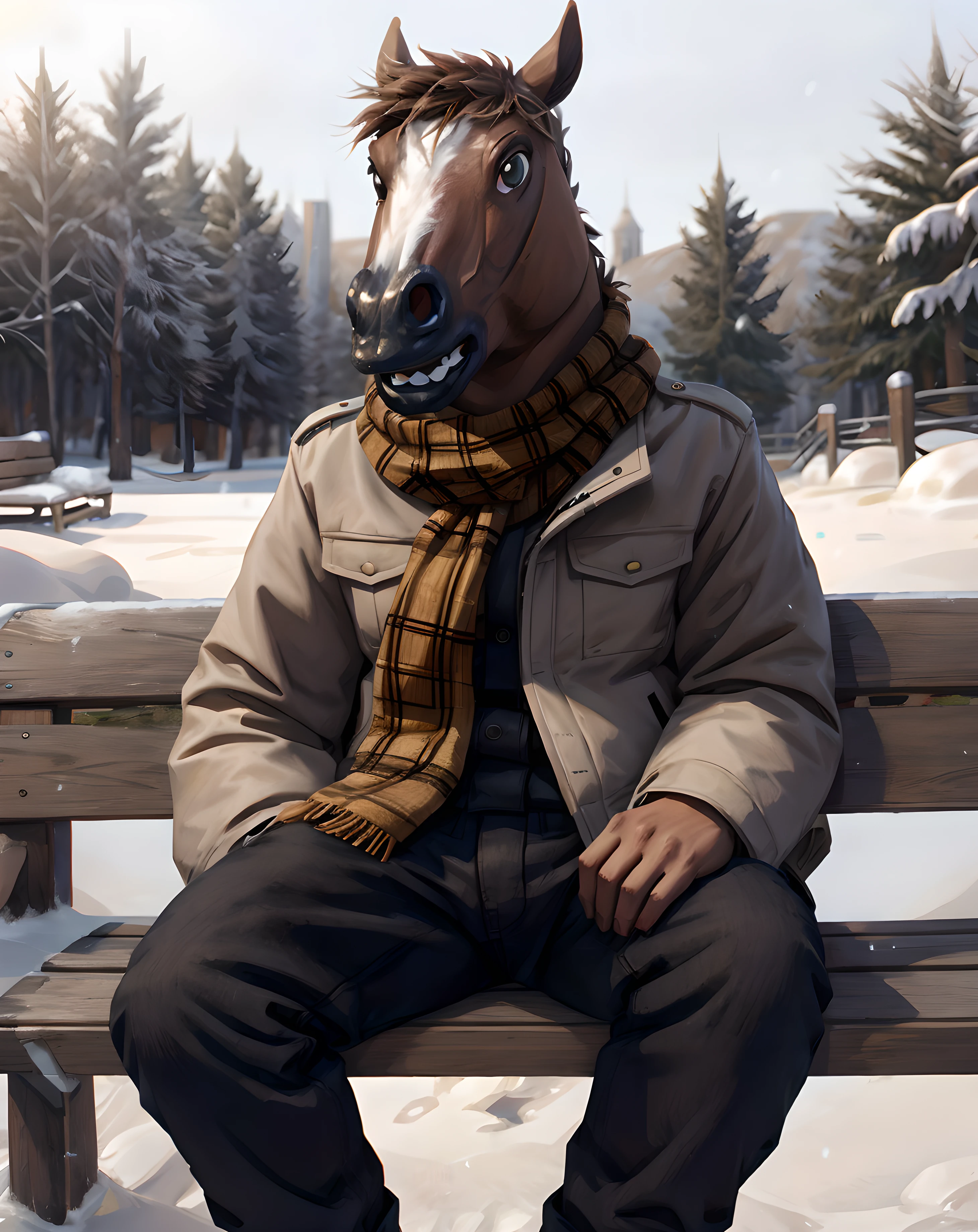 <lora:Creepy_Horse_Head:0.75> creepy_horse_head, outdoor, winter jacket, snow, scarf, sitting down, bench, long pants