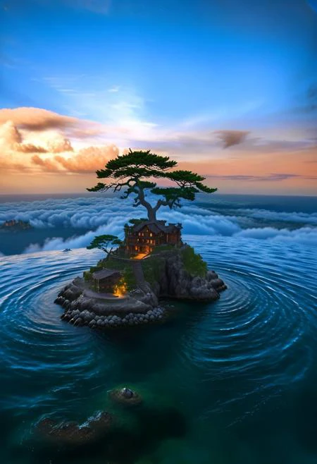 A stunning, hyper-realistic fantasy scene featuring a floating island situated above the clouds. The island hosts a quaint, rustic cottage and a towering ancient tree, their intricate details meticulously rendered. A cascading waterfall flows gracefully from the island, disappearing into the clouds below. The night sky above is ablaze with vibrant colors, stars twinkling against a backdrop of auroras and nebulae, enhancing the ethereal quality of the scene. The environment exudes a magical, dreamlike ambiance, making it feel like a paradise straight out of a fairytale. Fantasy, magical, hyper-realistic, detailed, vibrant, serene, ethereal, dreamlike, mystical, breathtaking. milky way, aurora,
extremely detailed,
 dark, chiaroscuro, low-key,
 floating island, surreal,
cyberpunk 2077 style