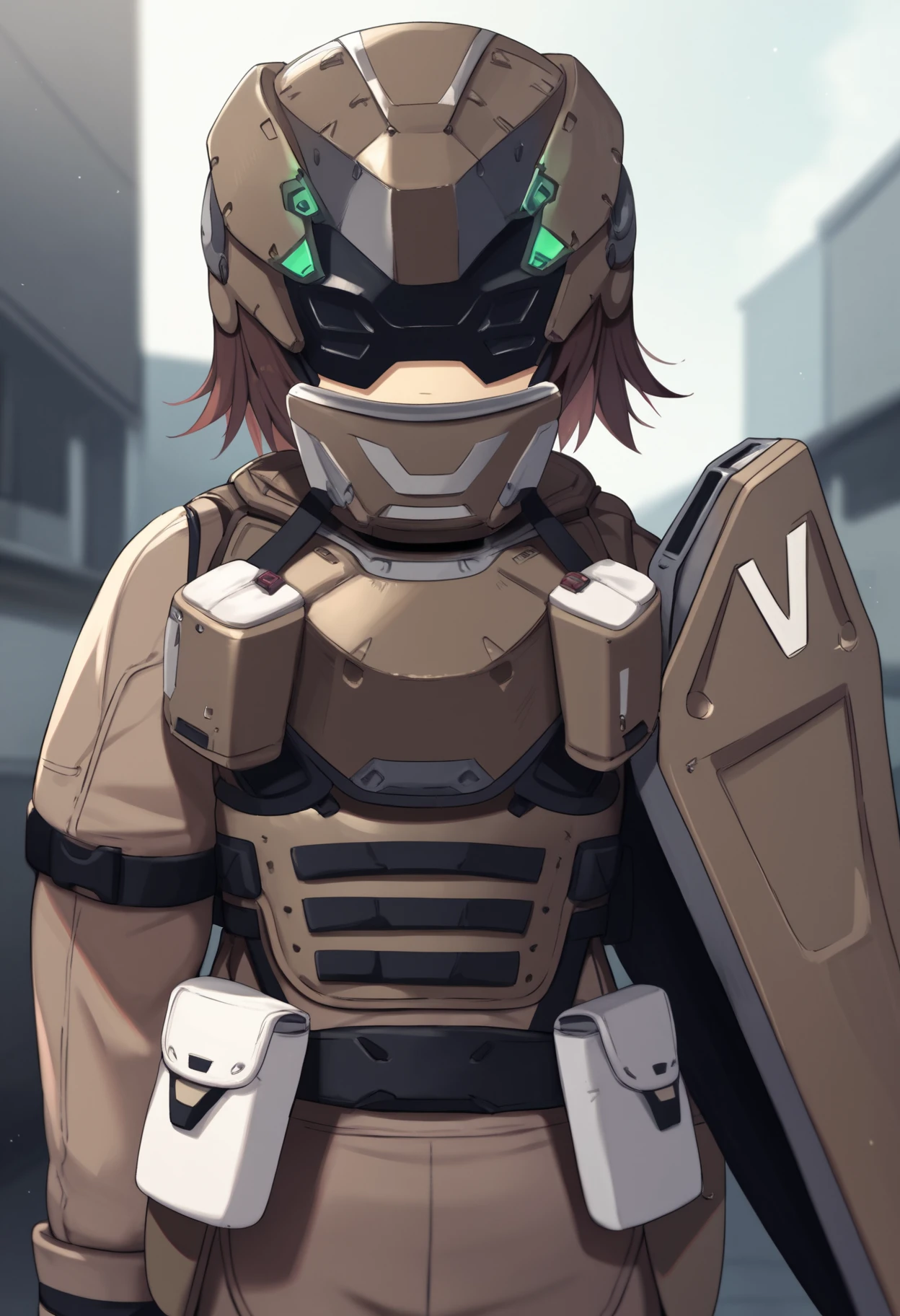 score_9, score_8_up, score_7_up, source_anime BREAK 1girl, solo, <lora:product12-nikke-richy-v1_pdxl:1> prdct12, covered eyes, helmet, brown hair, short hair, brown armor, single shoulder pad, gloves