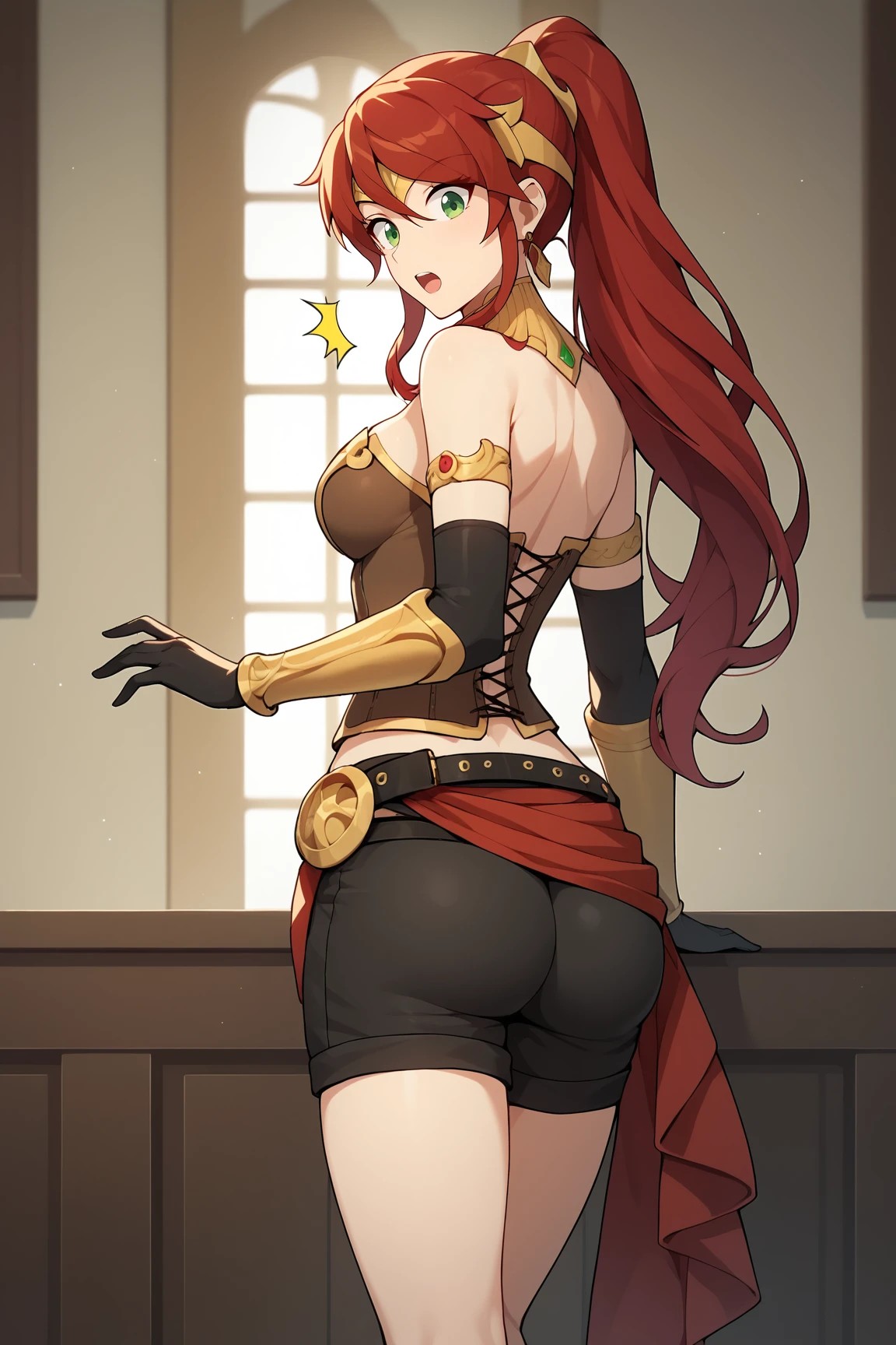 score_9, score_8_up, score_7_up, score_6_up, BREAK, PyrrhaNikosXL, green eyes, red hair, long hair, ponytail, hair between eyes, forehead protector, medium breasts, bare shoulder, gold gorget, cleavage, brown corset, gold armlet, black elbow gloves, single vambrace, black belt, black shorts, red skirt, solo, standing, from behind, ass focus, big ass, ass, surprised, looking at viewer, indoors <lora:PyrrhaNikosXL:0.8>