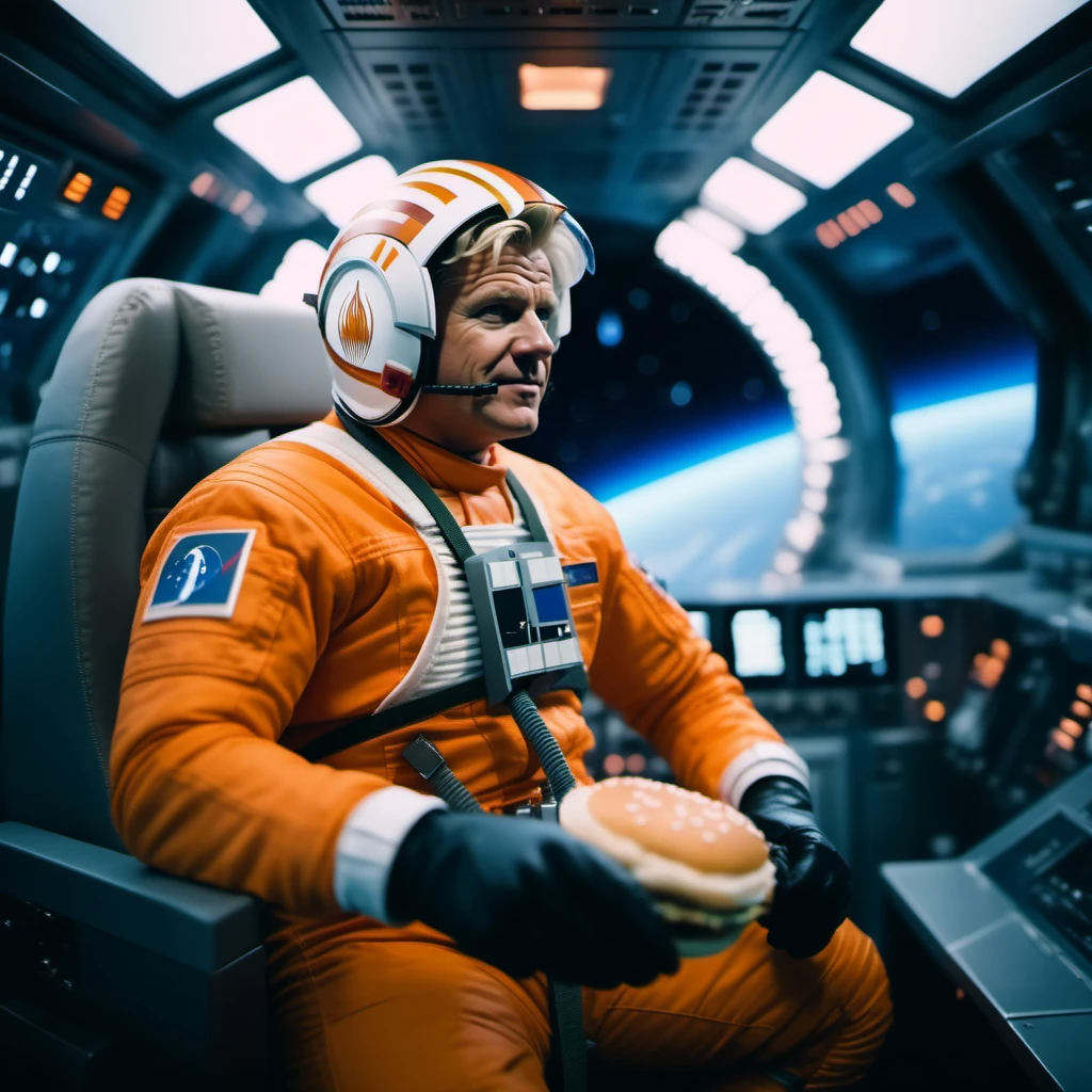 cinematic photo gordon ramsay wears gloves, orange and white spacesuit, eating a big hamburger, in cockpit, in space  <lora:StarWars1024:0.8> . 35mm photograph, film, bokeh, professional, 4k, highly detailed