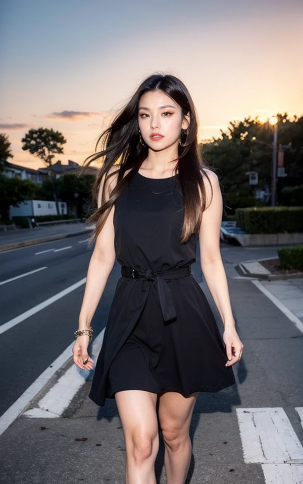 <lora:Yeji_V2:1> Yâ¬j!,, (realistic), (hyperrealism), (photorealistic:1.4), 1girl, looking at the viewer, eye makeup, detailed eyes, detailed face, (Full body:1.2), detailed background, black dress, walking at the streets, sunset, (windy:1.2)