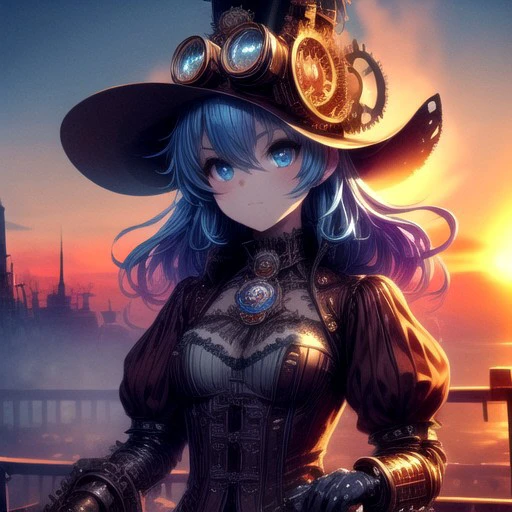 Cowboy shot photo, Cogs and gears, steam punk, Victorian fantasy,,colorful, vibrant, 1girl, long voluminous hair, beautiful blue eyes, goggles on forehead, curious expression, (riding in a sky ship:.7), smog covered sun, rising steam effects, masterpiece, best quality, ultra detailed, absurdres, 8k uhd, warm soft lighting