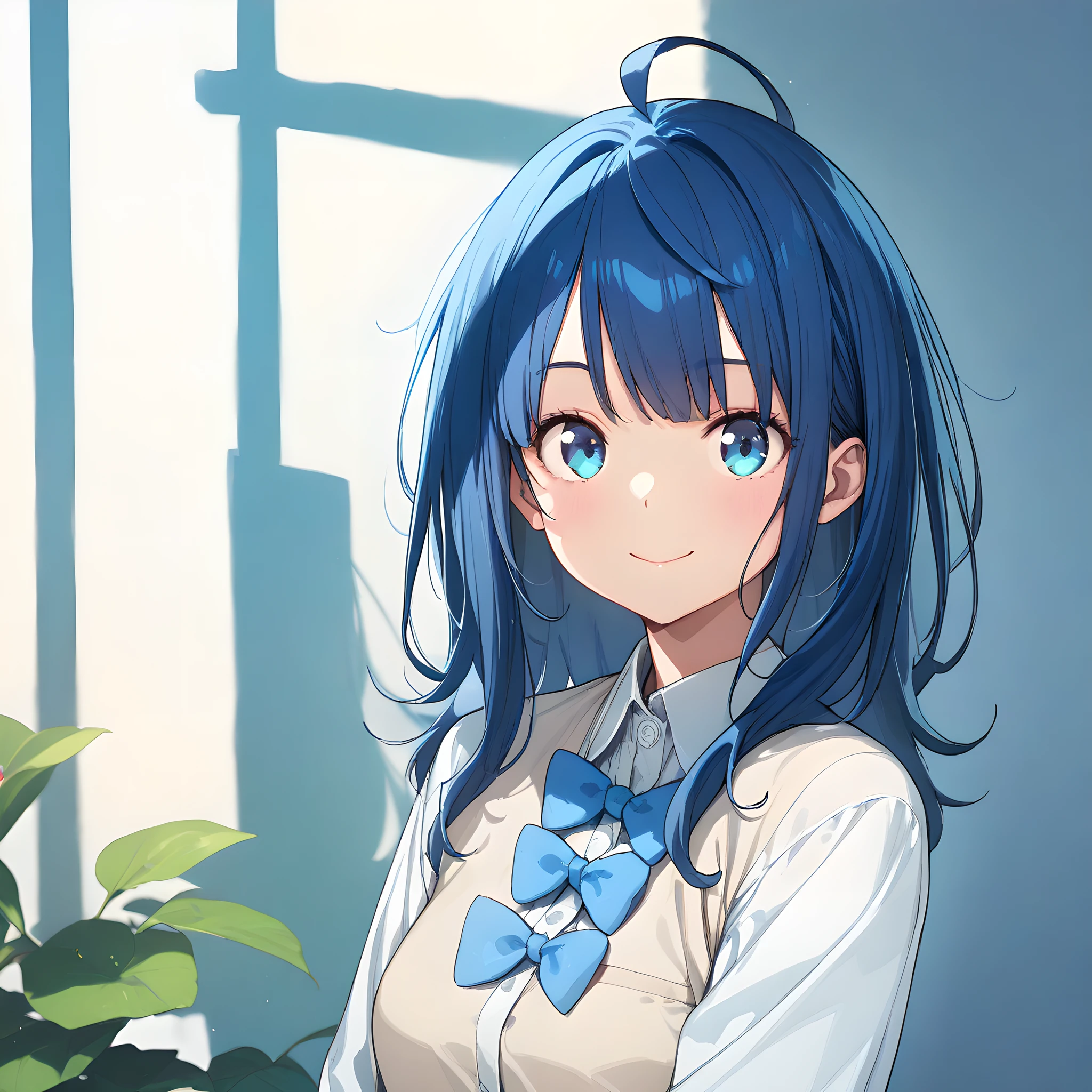 (masterpiece),(best quality),(ultra-detailed),(best illustration),(best shadow),(absurdres),(detailed background),(very aesthetic), anna_yanami, 1girl, solo, blue eyes, smile, bow, upper body, blue hair, shirt, looking at viewer, ahoge, simple background, blue bow, bangs, white shirt, collared shirt <lora:XL-AnnaYanami:1>