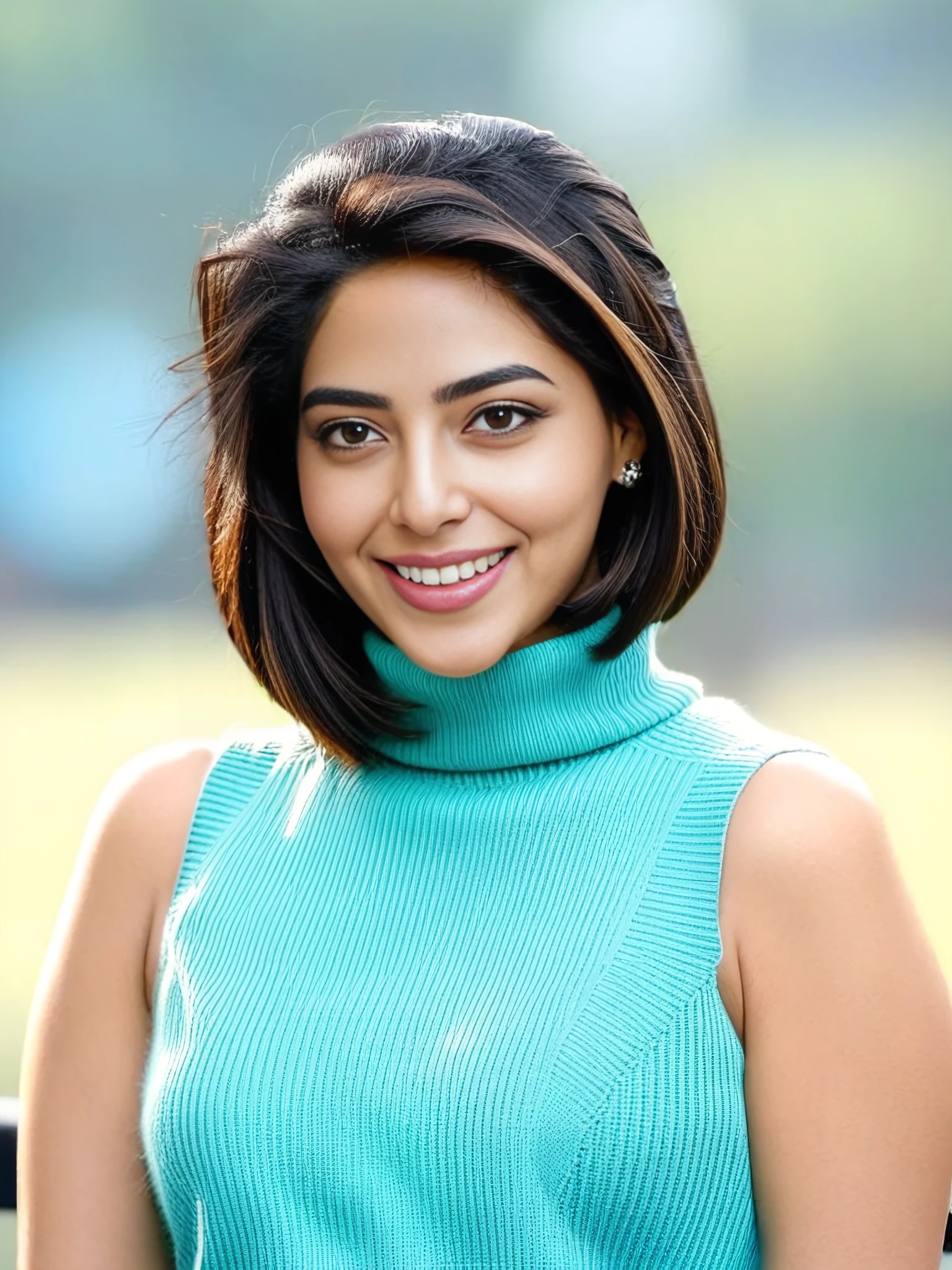 upper body photo of Aishwarya Lekshmi woman, solo, bob hair cut, smile, looking at the camera,  Cyan sleeveless turtleneck, , contrasting background bokeh,   <lora:Aishwarya_Lekshmi_SDXL_LoRA_prodigy_local_xformers_HNE:1>