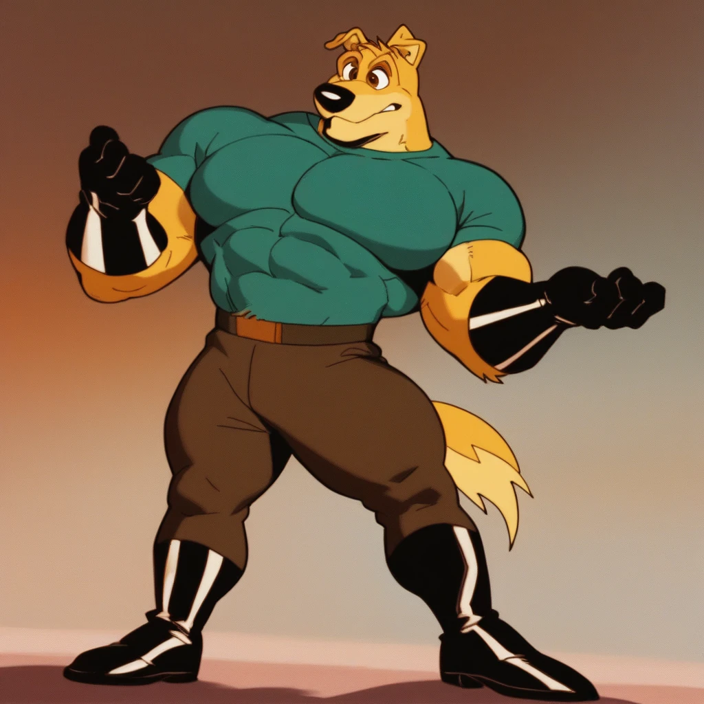 score_9, score_8_up, score_7_up, score_6_up, score_5_up, score_4_up, Hunter, Road Rovers, Dog, Anthro Dog, Anthro Male, furry male, Solo, Yellow Fur, Brown Eyes, Black Nose, folded ears, muscular male, green t-shirt, tan pants, black boots, black gloves