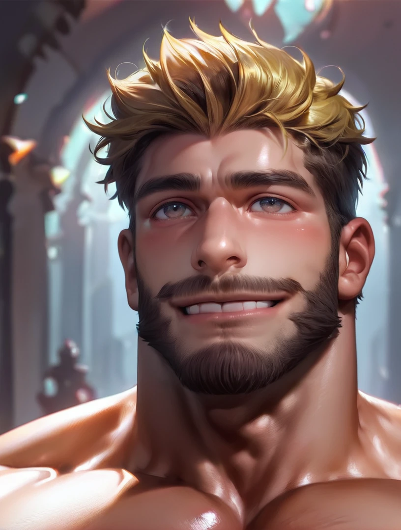 1 male,Male Focus,score_9,score_8_up,source_realistic,<lora:maleface_v2-000006:0.8>,AAAMANAAA,close uo,look up,Portrait,exquisite face,Bara,Enjoyable expression,yellow hair tips,brown hair,smile,<lora:pony XL NijijourneyV6Style-000016:0.3>,Bara,sexy,Facial hair,Short beard,