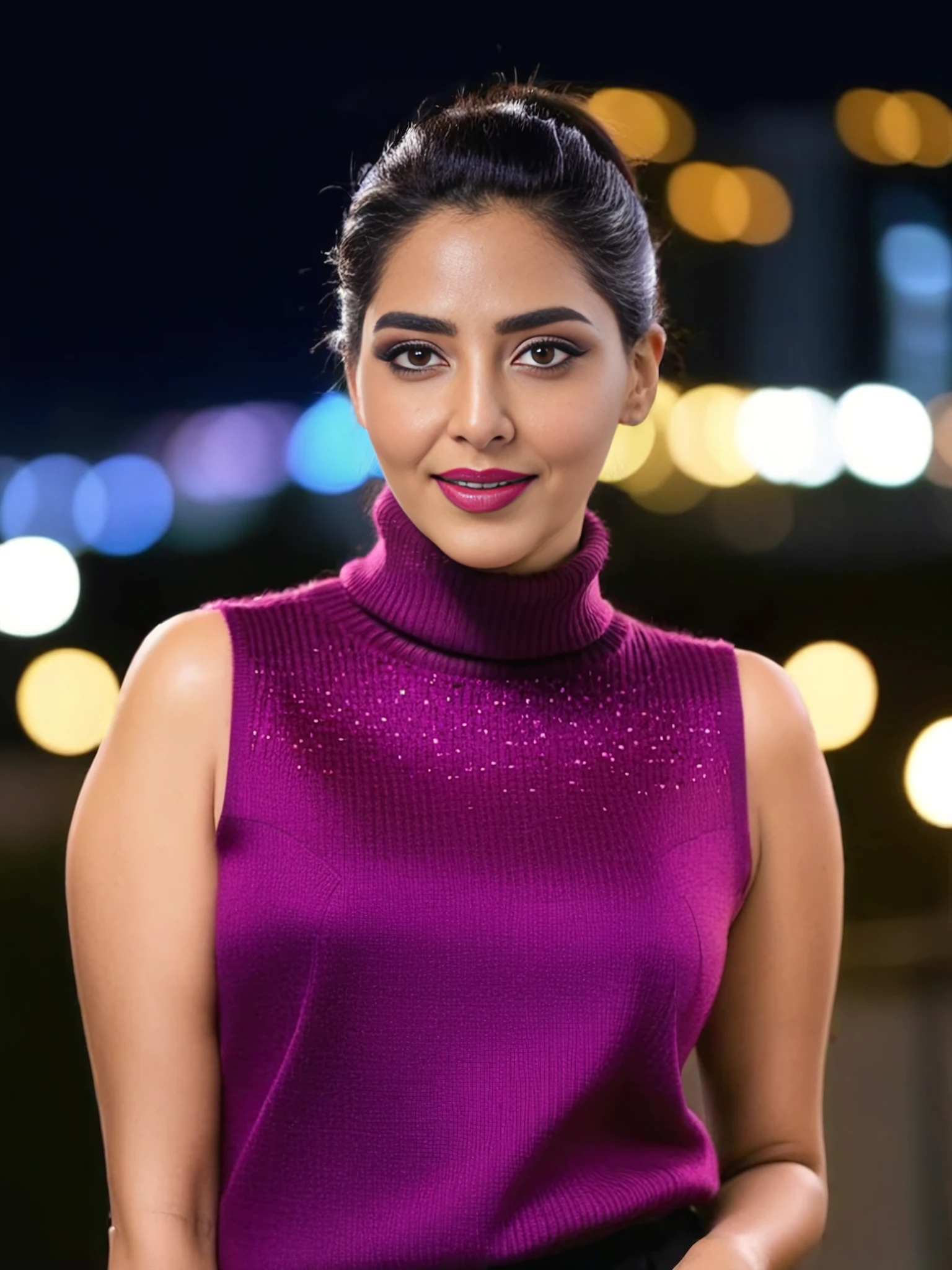 full body photo of Aishwarya Lekshmi woman, solo, ponytail hair cut, , looking at the camera,  Magenta sleeveless turtleneck, night time, contrasting background bokeh,   <lora:Aishwarya_Lekshmi_SDXL_LoRA_prodigy_local_xformers_HNE:1>