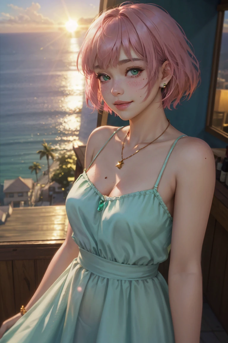 a cute woman with beauty marks and moles, short pink hair with bangs, green eyes, blushing, full lips, happy smile BREAK
wearing a summer dress, necklace, and earrings looking into the distance BREAK
in a bar on top of a hill overlooking the sea during a sunset BREAK
raw picture, 35mm photograph, sharp focus, american shot, dutch angle, dolly zoom, lens flare, deep shadows, volumetric lights, skin pores, very detailed face