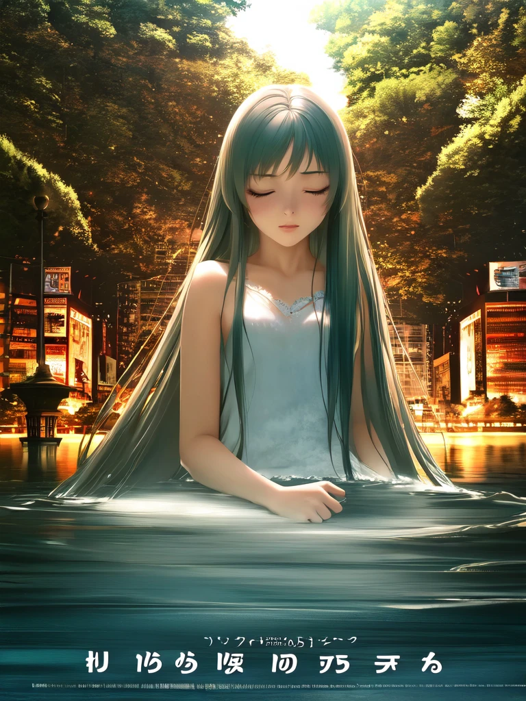 anime girl bathing in an epic lake, enjoying, sultry, eyes closed, beautiful scene, dreamy, cinematic, (closed eyes), text "Tokyo Dreams", poster, classic movieer,sensitive
masterpiece, newest, absurdres,very aesthetic