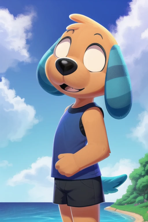 1boy, furry male, male focus, solo, standing, floppy ears, tail, furry, (constricted pupils:1.6), wide-eyed, black eyes, surprised, open mouth, Deep-Blue Tee, aqua shirt, sleeveless, outdoors, cloud, high quality, best quality, outline, cute, handsome, <lora:trg_biskit_v1:0.8>