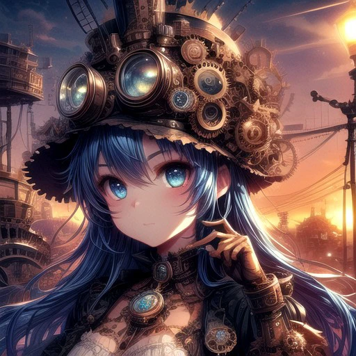 Cogs and gears, steam punk, Victorian fantasy,,colorful, vibrant, 1girl, long voluminous hair, beautiful blue eyes, goggles on forehead, curious expression, (riding on a sky ship:.7), smog covered sun, rising steam effects, masterpiece, best quality, ultra detailed, absurdres, 8k uhd, warm soft lighting