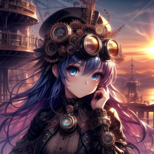 Cogs and gears, steam punk, Victorian fantasy,,colorful, vibrant, 1girl, long voluminous hair, beautiful blue eyes, goggles on forehead, curious expression, (riding on a sky ship:.7), smog covered sun, rising steam effects, masterpiece, best quality, ultra detailed, absurdres, 8k uhd, warm soft lighting