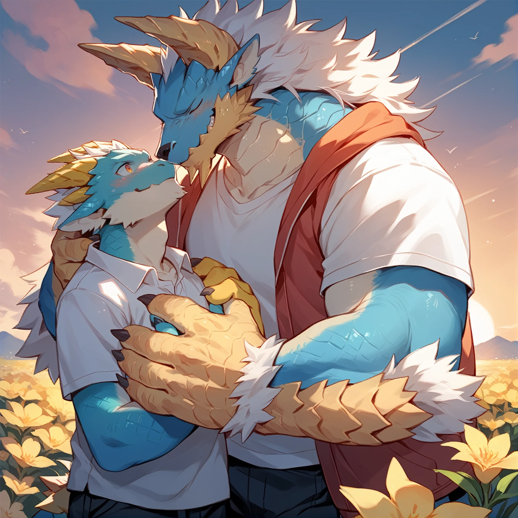 score_9,score_8_up,score_7_up,score_6_up,score_5_up,score_4_up,
couple,Zinogre,yellow hands,blue body,yellow horns,dragon,authro,blue body,face to face,kemono,shorts,shirt,soft shell coat,light blush,smirk,â¤,head rub,height difference,sunset,sky,flowers,ray tracing,anime coloring,cinematic angle,perspective,light rays,dreamlike,side view,<lora:Zinogre_XL_Pony_4-000009:0.8>,