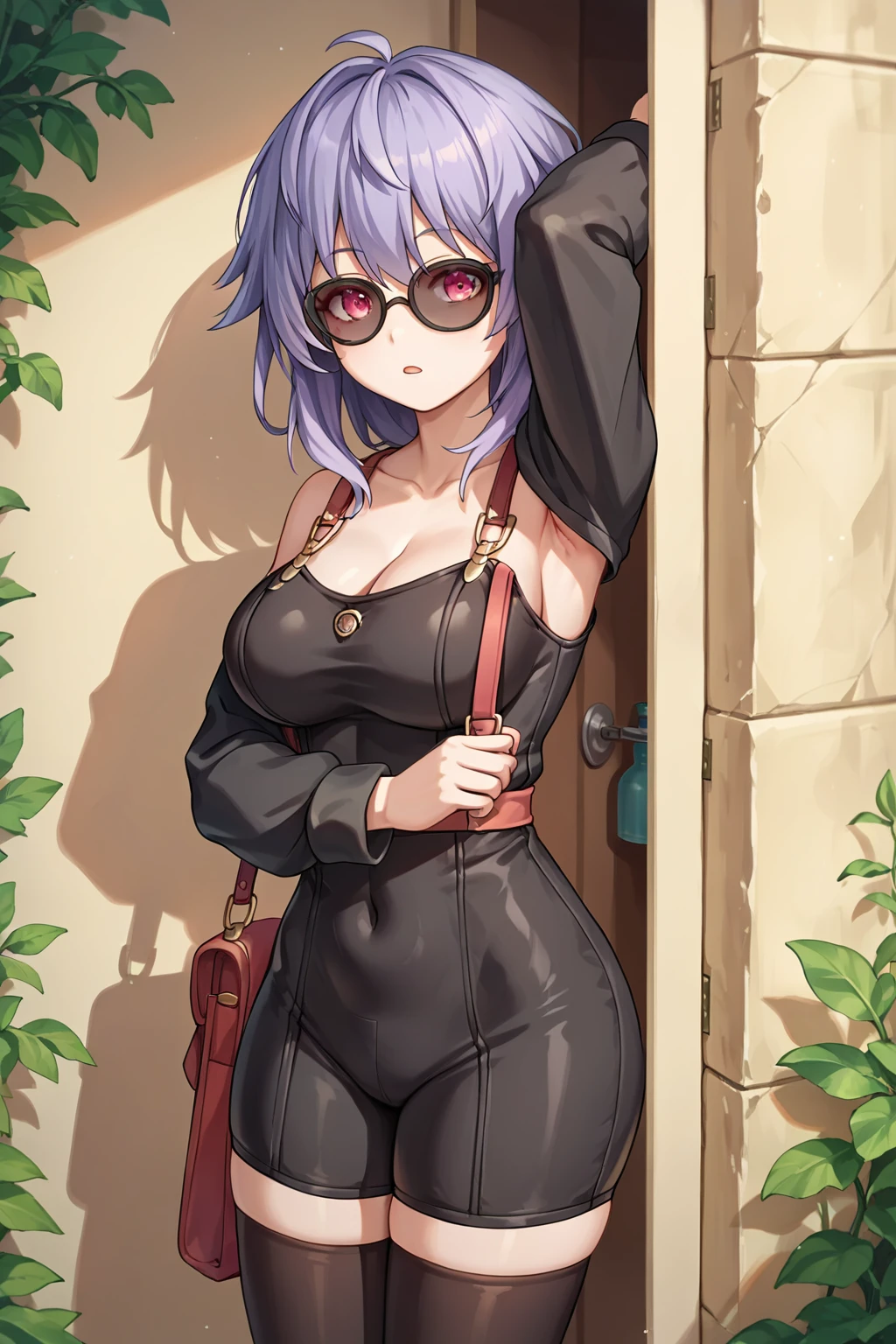 score_9, score_8_up, score_7_up, score_6_up, score_5_up, score_4_up, source_anime, rating_safe, 1girl, plutia, large breasts, sunglasses, spy plutie, black bodysuit, sneaking around a corner, dark complex