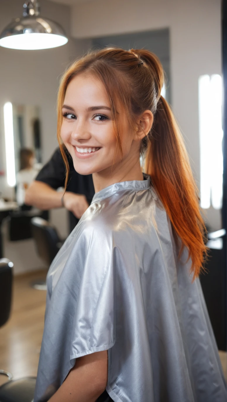 Photo, Beautiful young woman, long hair, ponytail, mixed brown and orange hair, silver salon cape, smiling, hairdresser in background, modern hair salon, well-lit, professional environment, relaxed atmosphere, cheerful moment, photorealistic, high-resolution (rim light, depth of field)