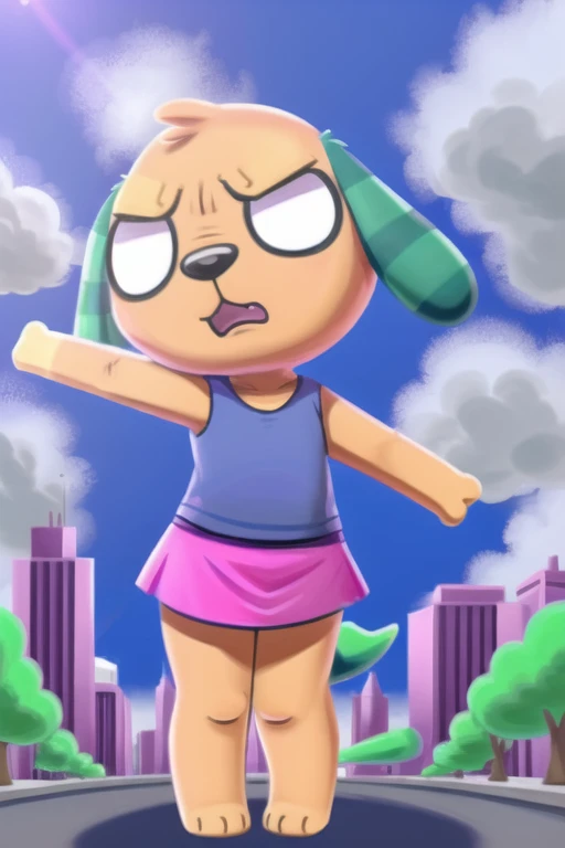 1boy, furry male, male focus, solo, standing, chibi, floppy ears, tail, furry, o_o, blank eyes, angry, surprised, !?, Deep-Blue Tee, outstretched arms, pink skirt, upskirt, underwear, panties, wind, wind lift, outdoors, city, high quality, best quality, outline, <lora:trg_biskit_v1:1>