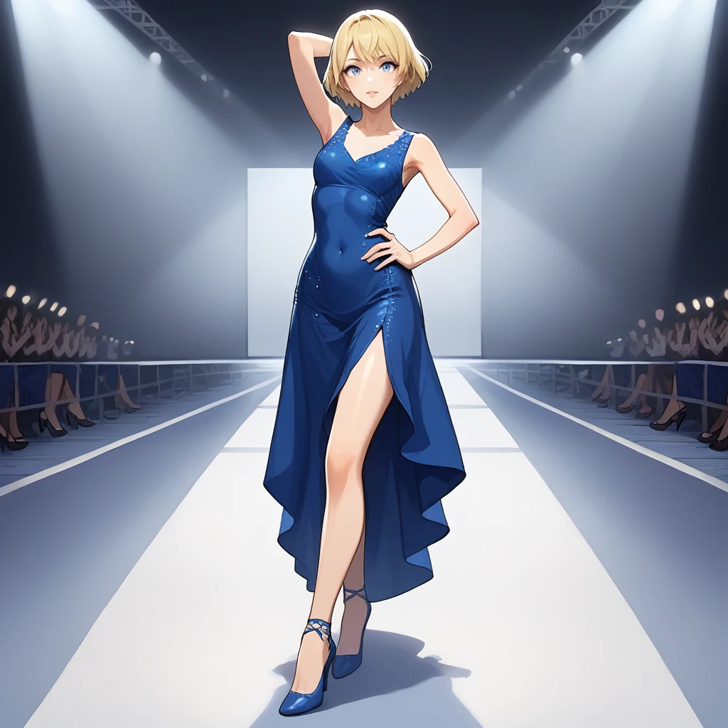 score_9, score_8_up, score_7_up, score_6_up, score_5_up, score_4_up, zPDXL2,source_anime,rating_questionable, 1girl, solo, short blonde hair, blue dress, high heels, hips cocked, hand on hip, hand behind head, <lora:Catwalk_Runway:0.8> c4twalk, 1girl, looking at viewer, runway