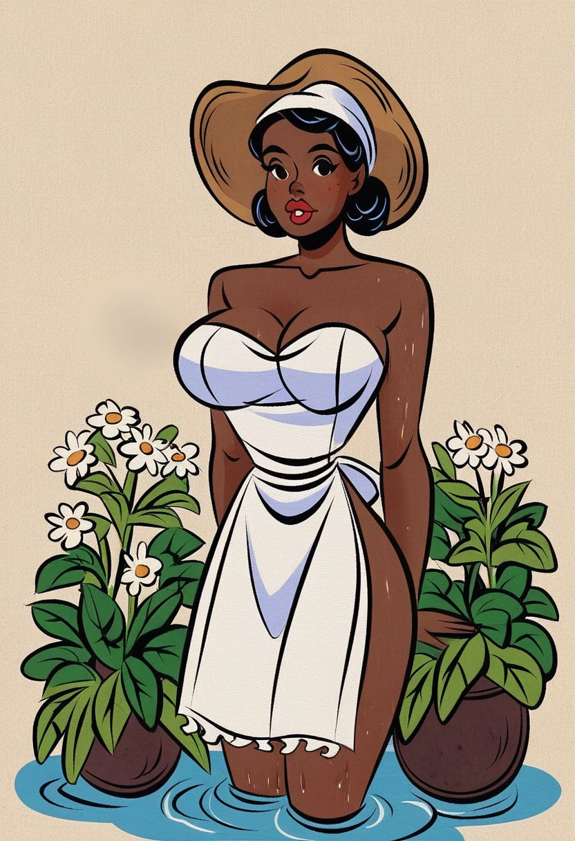 score_9, score_8_up, score_7_up, score_6_up,  <lora:Vintage_Pal_PDXL:0.8> vintagepalxl, ink and paper, pin-up, vintage, exterior, beautiful mexican young lady holding a large clay pot with flowers, farmer hat, white apron, large breasts, bare shoulders, sexy, (dark skin:1.3), strong arms, (black girl:1.1), partially submerged in the water, wet body, cleavage, waist-deep water,