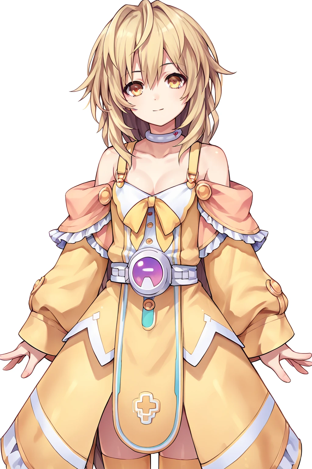 score_9, score_8_up, score_7_up, score_6_up, score_5_up, score_4_up, source_anime, rating_safe, 1girl, plutia, blonde hair, yellow dress, yellow bow, yellow eyes