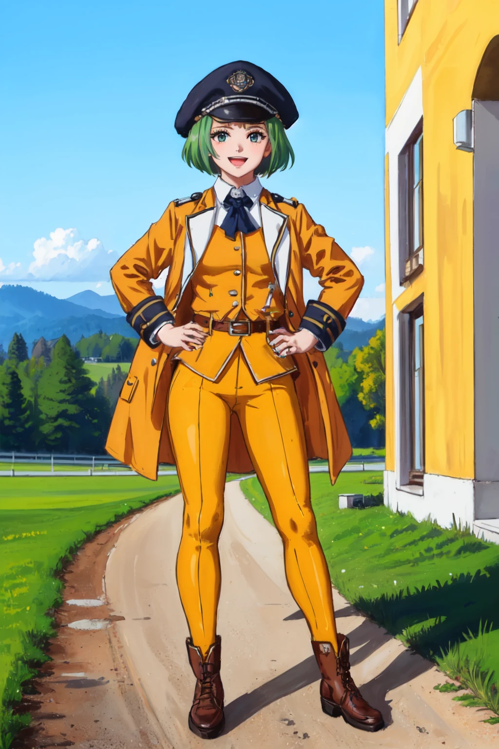 (masterpiece,best quality,absurdres:1.1),1girl,standing,mustarduni, <lora:mustard15uni:0.8>, hands on hips,short green hair,happy,:d,uniform,boots,jacket,hat,black headwear,yellow pants,outdoors,in field,blue sky