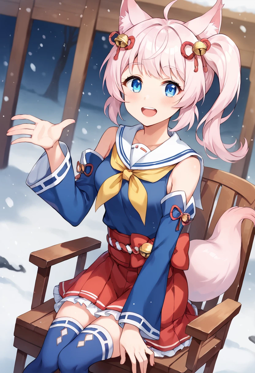 score_9,score_8_up,score_7_up,source_anime,masterpiece,best quality,game cg,1girl,solo,little_girl,howan_(show_by_rock!!),small_breasts,blue eyes,pink hair,ahoge,side ponytail,animal ears,tail,hair ornament,detached sleeves,bell,yellow neckerchief,blue shirt,white sailor collar,red skirt,blue thighhighs,ribbon trim,(snow:1.1),(in winter:1.1),kind_smile,cowboy_shot,looking_at_viewer,dynamic_angle,open mouth,sitting_on_chair,<lora:howanSB69:1>,