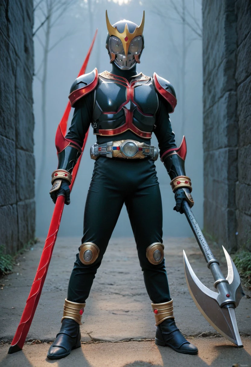 score_9, score_8, score_7, rising, full body, solo, black armor, red trim, black bodysuit, Silver eyes, scythe, holding scythe, helmet, tokusatsu, belt