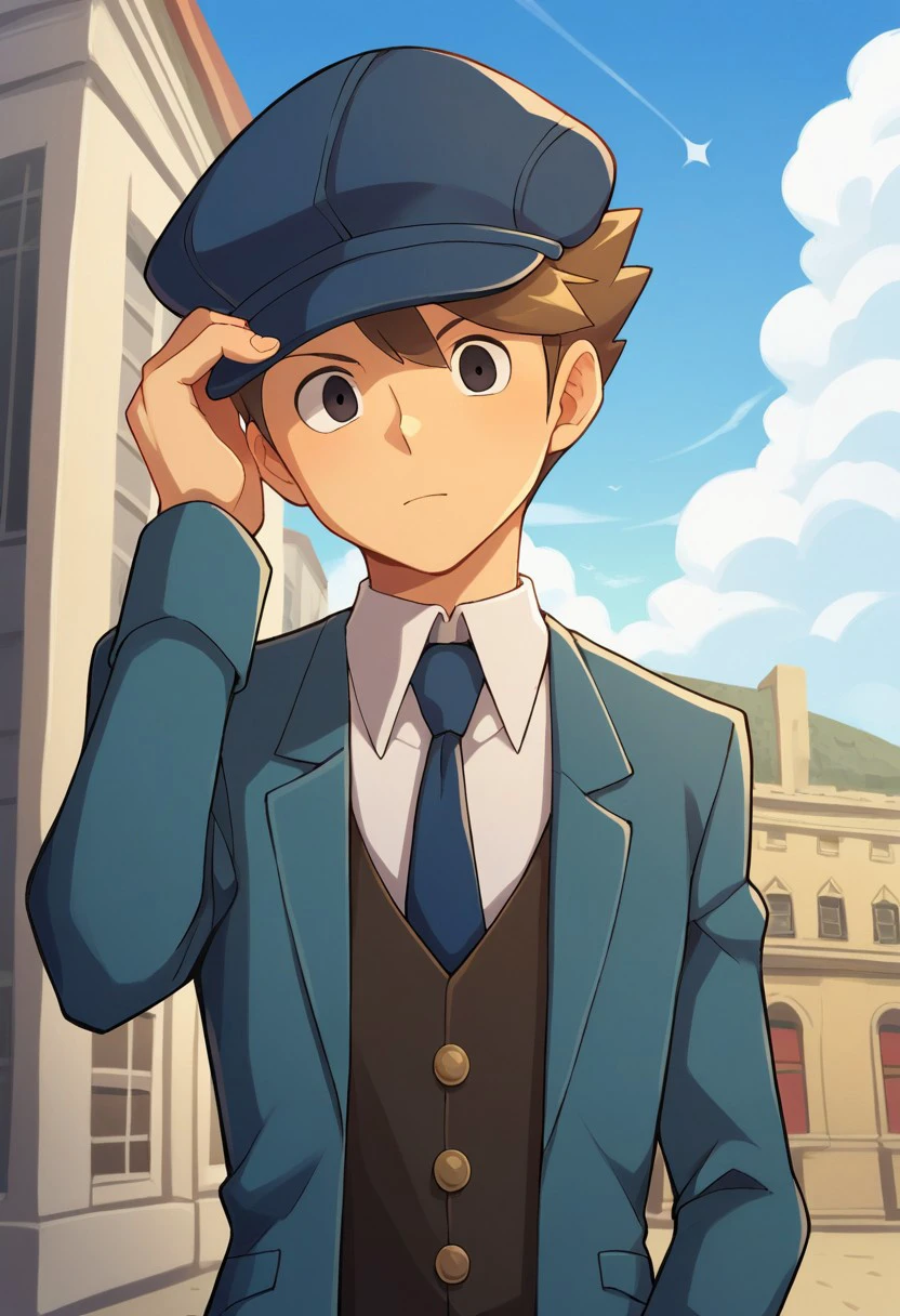 score_9, score_8_up, score_7_up, source_anime, highly detailed,
clive, 1boy, male focus, solo, hat, brown hair, necktie, black eyes, blue headwear,
blue necktie, upper body, jacket, adjusting clothes, looking at viewer, formal,
vest, adjusting headwear,
outdoor, sky, building