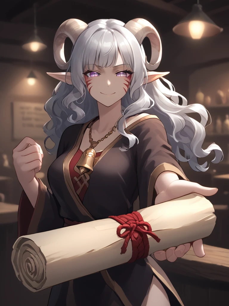 source_furry, score_7_up, rating_safe, cowboy shot, close up, source_anime,anime face,<lora:whisker_markings:0.8>red whisker_markings, silver long wavy hair, tavern, bell necklace, short pointy ears, purple eyes, <lora:age_slider_v4:0.6>
<lora:Tieflingnew weird fantasyDND:0.3><lora:Smooth Style 2 SDXL_LoRA_Pony Diffusion V6 XL:0.3> smile, open eyes, 
<lora:Test_Diana:0.8> tiefling_bard_diana, <lora:INKxXmo shaded face:0.8> Shaded Face:1.2,INKxXmo Dark Theme, 
 <lora:sealed_scroll:0.7> sealed_scroll:1.6, holding sealed_scroll, outstretched arms, standing, palm,