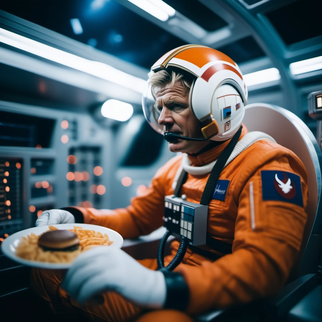 cinematic photo gordon ramsay wears gloves, orange and white spacesuit, eating a hamburger, in cockpit, in space  <lora:StarWars1024:0.8> . 35mm photograph, film, bokeh, professional, 4k, highly detailed